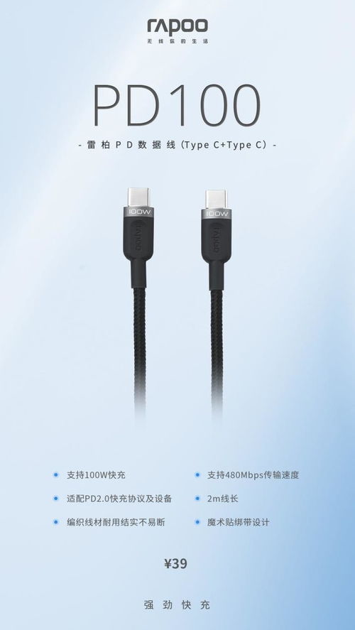 強勁快充新體驗 雷柏PD100 Type-C數據線上市，秒速回血不過熱